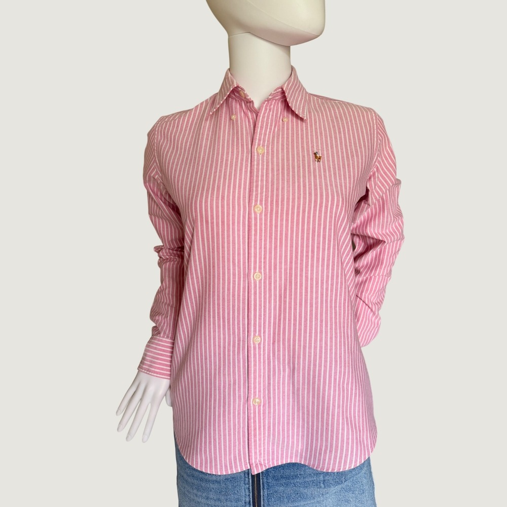 Ralph Lauren Womens Pink White Striped Slim Fit Oxford Button Down Shirt Size 4